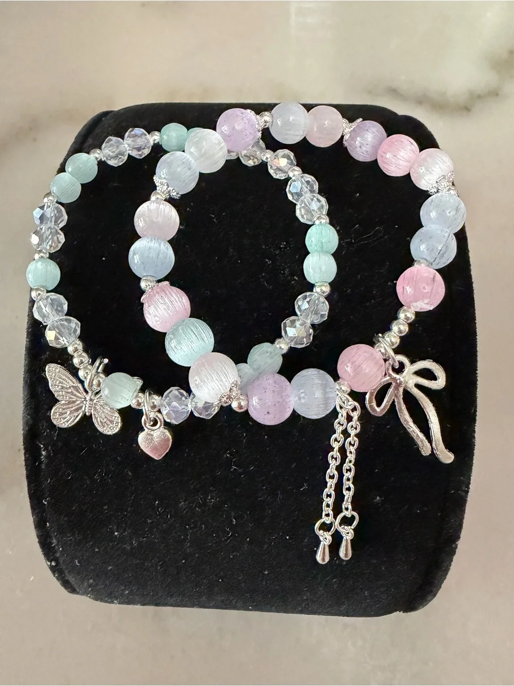 Pastel Charm Beaded Bracelet Set - Pink, Lavender & Mint